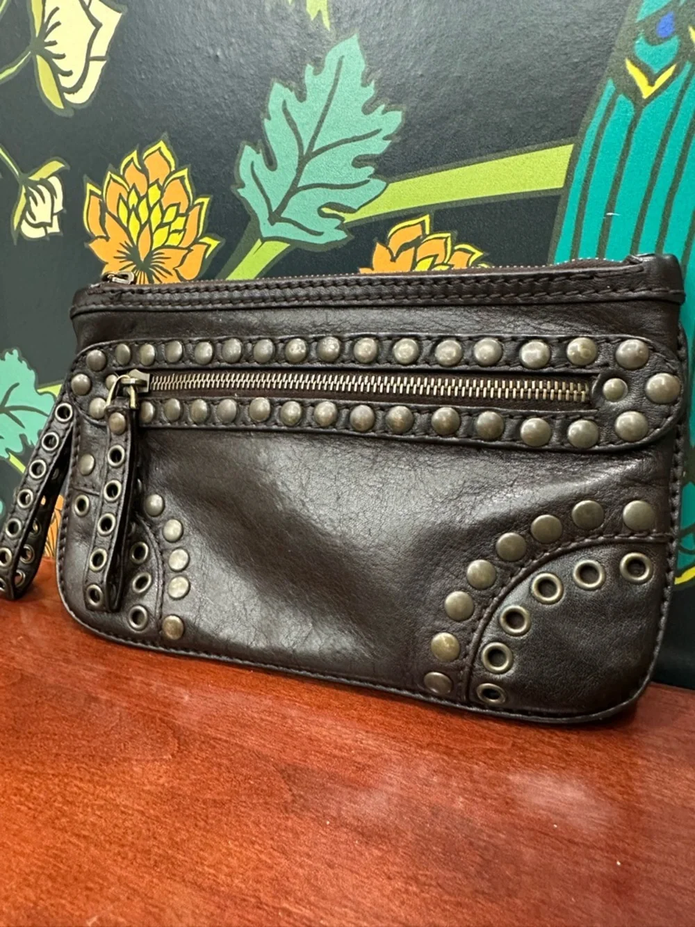 Vintage Bally Studded Leather Wristlet Clutch Y2K Moto Brown - Picture 6 of 11